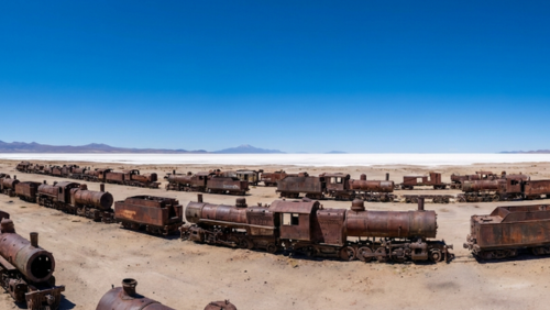ウユニ村郊外の廃列車群、錆びた車体と青空のコントラスト。人物なし。