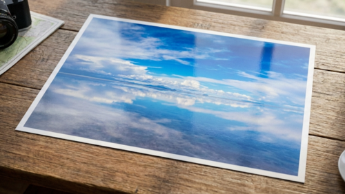 テーブルの上に置かれた写真。雨季のウユニ塩湖が映っており、湖面に空と雲が鏡のように反射する上下対称の絶景。白淵が際立つ