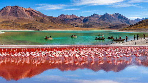 ボリビア高原に広がるコロラダ湖とラグーナ・ベルデを巡るツアー風景。赤い湖面にフラミンゴが集い、奥にはエメラルドグリーンの湖と山々が広がる。