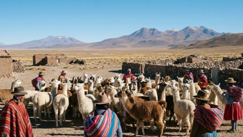 ボリビア高原の集落で、現地の人々がリャマやアルパカを放牧しながら暮らしている様子。広大な高原と山並みが広がる。