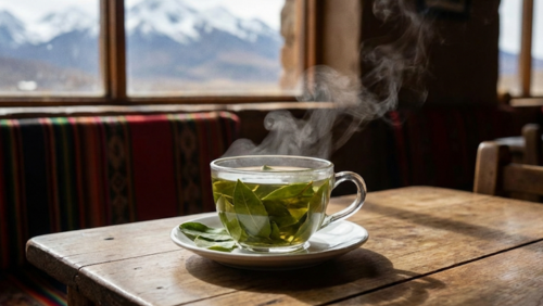 ボリビア高原のカフェで提供されるコカ茶。湯気が立つ緑色の茶葉入りの温かい飲み物で、背景にアンデス山脈が見える。