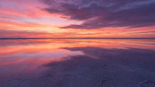 夜明けのウユニ塩湖、ピンク〜オレンジに染まる空と湖面の鏡面。人物なし。