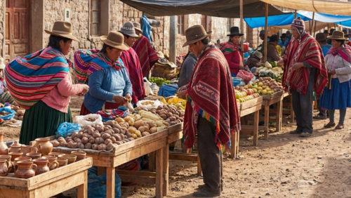 色鮮やかなポンチョやスカート、帽子を身に着けたボリビアの現地住民が、野菜や果物、工芸品の屋台の前で交流している市場の様子。自然光が差し込み、賑やかで温かい雰囲気。