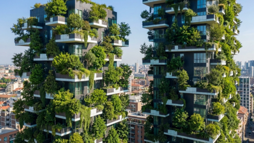 ミラノにある「垂直の森（ボスコ・ヴェルティカーレ）」。高層住宅の外壁に樹木や植物が植えられた、環境共生型の現代建築。