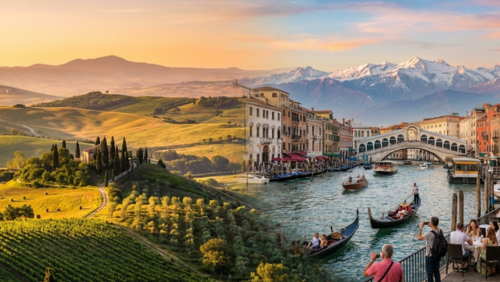 イタリアの代表的な風景をまとめたパノラマ写真。トスカーナの丘に沈む夕日、ヴェネツィアの運河、アルプスの山並みが広がり、旅行の感動と多彩な体験を感じられる景色