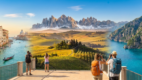 イタリアの代表的な絶景を集めたパノラマ写真。雪のアルプス、トスカーナの丘、ヴェネツィアの運河、アマルフィ海岸の断崖などが一望でき、旅心を誘うアイキャッチ画像