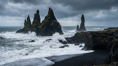 海からそびえ立つレイニスドランガルの奇岩群と迫力ある海の景色