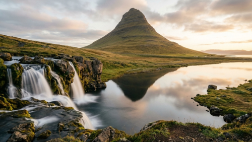 滝とともに広がるカークユフェットル山の美しい風景