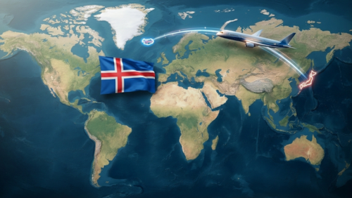 世界地図上で日本からアイスランドへ向かう飛行ルートを示したイメージ。日本から北半球を横断する航路と、アイスランド上に大きく表示された国旗が特徴