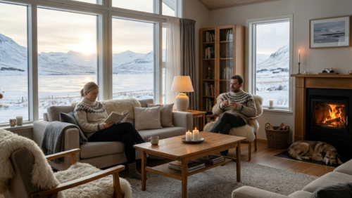 冬のアイスランドの一般的な家庭の室内風景。木製家具と暖かな照明に囲まれ、窓の外には雪景色が広がる中、室内では本を読んだりお茶を楽しむ穏やかな暮らしの様子