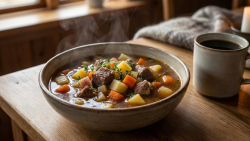 アイスランドの伝統料理ラムシチューとホットコーヒーの組み合わせ。木製テーブルの上に湯気の立つシチューと温かいコーヒーが並ぶ、寒い土地ならではの食卓風景