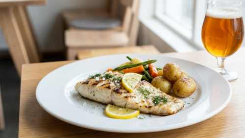 シンプルにグリルしたアイスランドの白身魚と、琥珀色のクラフトビールの組み合わせ。北欧らしい落ち着いた雰囲気の中で楽しむ食事風景