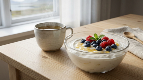 アイスランドの伝統乳製品スキールと、温かいハーブティーの朝食セット。木製テーブルに自然光が差し込む、静かで落ち着いた食卓の風景