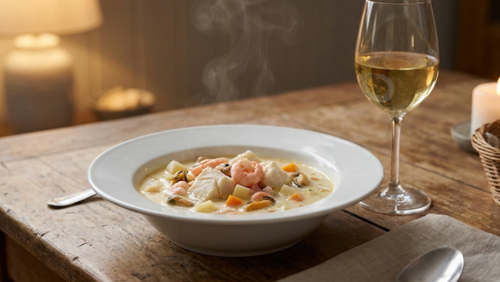 魚介の旨味が凝縮されたアイスランドのシーフードスープと、コクのある白ワインの組み合わせ。木製テーブルに並ぶ、クリーミーで上品な食事風景