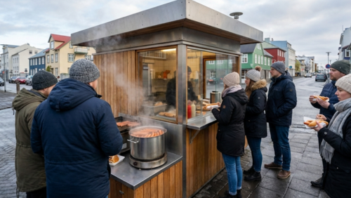 レイキャビクの街中にあるアイスランドの屋台。清潔感のある小さなフードスタンドで、寒い気候に合った温かい軽食が提供されている様子