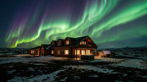 南アイスランドの自然に囲まれたホテル・ランガの外観と、夜空に広がるオーロラ
