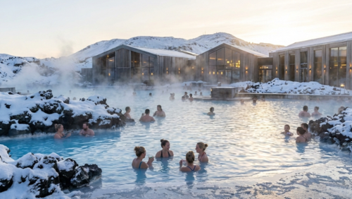 冬のアイスランド、雪に囲まれた温泉と屋外温水プールで人々が温まって過ごす様子
