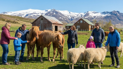 アイスランドの牧場で、観光客がアイスランド馬や羊と触れ合い、餌やりや撫でている様子
