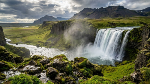 アイスランドを代表する大迫力の滝と火山地形が広がる雄大な自然風景