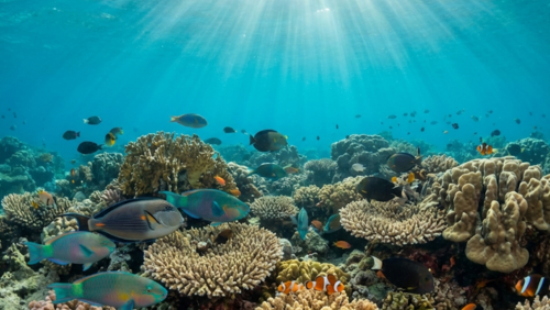 北マーレ環礁の海中に広がる色鮮やかなサンゴ礁と熱帯魚。透明度の高い海で楽しめる、モルディブ屈指のシュノーケリング・ダイビングの名所
