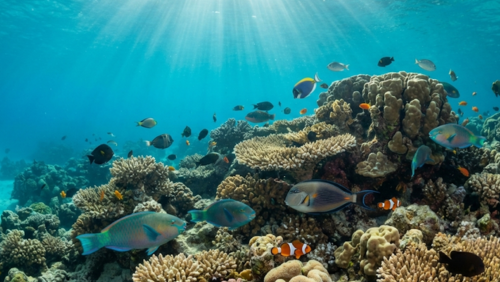 北マーレ環礁の海中に広がるサンゴ礁と熱帯魚。シュノーケリングの名所