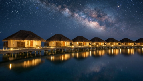 星空の下に佇む北マーレ環礁の水上ヴィラ。静寂に包まれたモルディブの夜