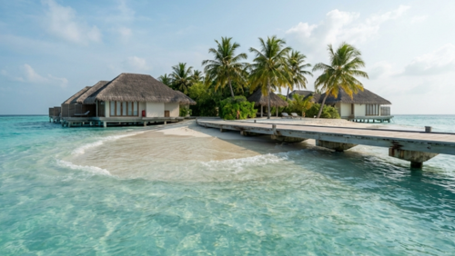 海面すれすれに広がるモルディブの島。国土の多くが海抜1〜2mしかないことが分かる景色
