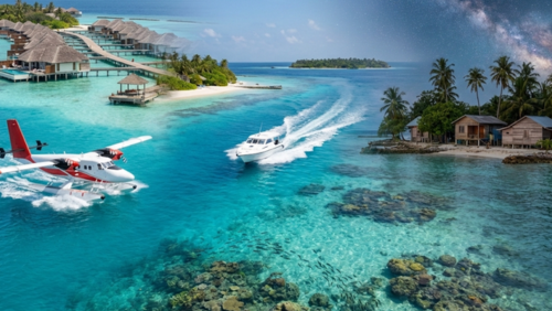 船や水上飛行機で島を移動し、リゾートとローカル島の暮らしが対照的なモルディブ。透明な海と満天の星空が広がる風景
