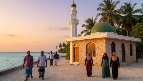 モルディブのローカル島にあるモスクと夕暮れの風景。イスラム文化が生活の基盤となっている様子
