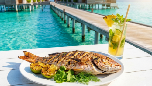 モルディブのリゾートで提供されるグリルフィッシュとトロピカルカクテルのセット
