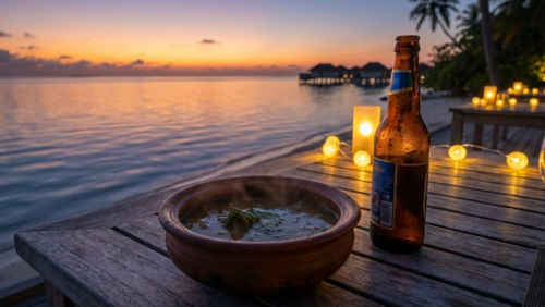 夕暮れのモルディブで味わう伝統料理ガルディヤと冷たいドリンクの組み合わせ