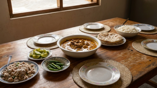 モルディブのローカル島で、中央に大皿料理を置き、複数人分の取り皿を囲んで食事を楽しむ現地の食卓風景