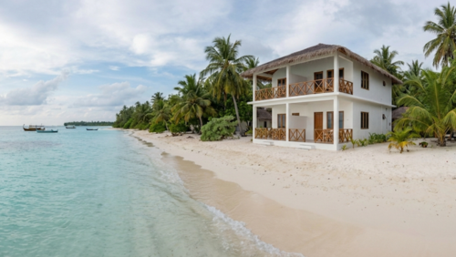 Thundi Guest House（Thundi Sea View）の外観と海の景色。フリドゥ島のビーチ沿いに建つ、静かでローカルな雰囲気が魅力のゲストハウス。