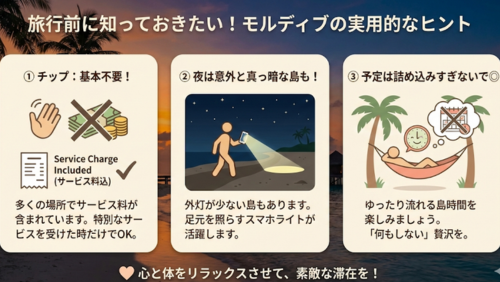 「旅行前に知っておきたい！モルディブの実用的なヒント」と題された、3つのアドバイスをまとめたインフォグラフィック画像。背景には夕暮れ時のリゾート地のシルエット（ヤシの木や水上コテージ）が映し出されています。

チップ：基本不要！：

お金にバツ印がついたアイコンと共に、「多くの場所でサービス料（Service Charge）が含まれています」と説明されています。

特別なサービスを受けた時だけでOKという補足があります。

夜は意外と真っ暗な島も！：

夜のビーチでスマホのライトを照らして歩く人のイラスト。

外灯が少ない島があるため、足元を照らすスマホライトが活躍することが紹介されています。

予定は詰め込みすぎないで◎：

ハンモックでくつろぐ人のイラスト。

ゆったり流れる島時間を楽しみ、「何もしない」贅沢を推奨するメッセージが添えられています。

画像の最下部には「心と体をリラックスさせて、素敵な滞在を！」という応援メッセージが記されています。