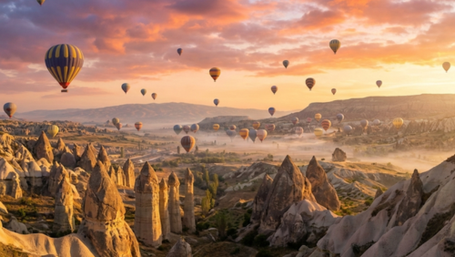 トルコ・カッパドキアの奇岩群の上に無数の熱気球が浮かぶ幻想的な絶景風景