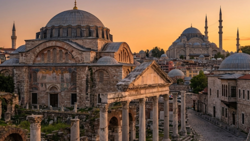 トルコに残る古代ローマの遺跡の柱と、ドームを持つ歴史的建築、モスクのミナレットが同時に見える風景。複数の文明が栄えた歴史を感じられる景観