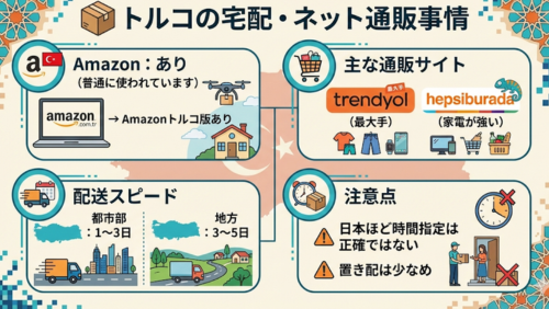 画像タイトル：トルコの宅配・ネット通販事情

1. Amazon：ノートパソコンとドローンのイラスト。Amazonトルコ版（amazon.com.tr）があり、普通に使われていることが記載されています。

2. 主な通販サイト：最大手の「trendyol」と、家電が強い「hepsiburada」のロゴイラスト。衣類、スマートフォン、家電などのアイコンが添えられています。

3. 配送スピード：都市部と地方の地図イラスト。都市部は1〜3日、地方は3〜5日が目安であると記載されています。

4. 注意点：時計と玄関先での手渡しのイラスト。日本ほど時間指定が正確ではないこと、置き配は少なめであることが、警告アイコンとともに記載されています。