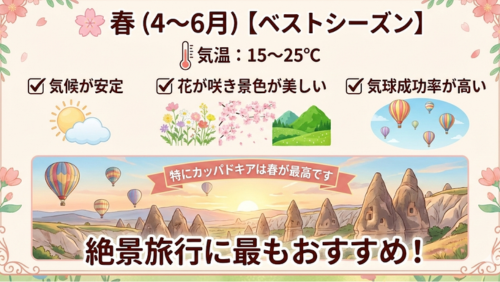 画像タイトル：春（4〜6月）【ベストシーズン】

上部には、気温が15〜25℃であることが温度計のイラストと共に示されています。
中央には3つのメリットが記載されています：
1. 気候が安定（太陽と雲のイラスト）
2. 花が咲き景色が美しい（色とりどりの花と緑の山のイラスト）
3. 気球成功率が高い（空に浮かぶ複数の気球のイラスト）

下部にはカッパドキアの絶景イラストが大きく配置されています。奇岩群の上空を無数の気球が飛び交う夜明けの風景に、「特にカッパドキアは春が最高です」「絶景旅行に最もおすすめ！」という力強いメッセージが添えられています。