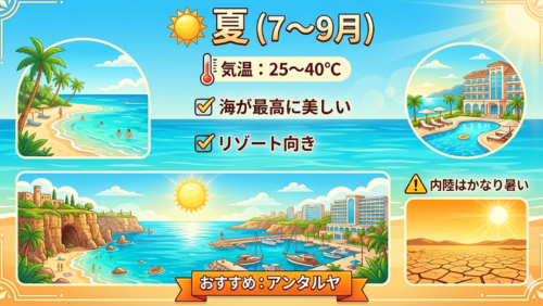 画像タイトル：夏（7〜9月）

上部には、気温が25〜40℃であることが温度計のイラストと共に示されています。
中央には2つの大きなメリットが記載されています：
1. 海が最高に美しい（ヤシの木が並ぶビーチとエメラルドグリーンの海のイラスト）
2. リゾート向き（プール付きの豪華なホテルのイラスト）

下部には、おすすめの都市として「アンタルヤ」の絶景イラストが大きく配置されています。断崖絶壁に面した美しい港とヨットが並ぶ風景が描かれています。
右下には注意点として「内陸はかなり暑い」という文字があり、乾燥してひび割れた大地と強い日差しのイラストが添えられています。