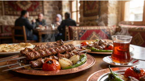 トルコの伝統料理ケバブと、チューリップ型グラスに入ったチャイがテーブルに並ぶ食事風景