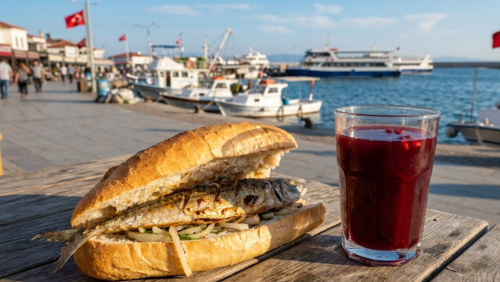 トルコの港で提供されるサバサンドと赤いザクロジュースのセット