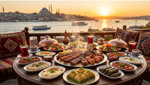 トルコ料理のケバブやバクラヴァ、チャイ、トルココーヒーがテーブルに並び、奥にモスクと海が見える豪華な食事風景