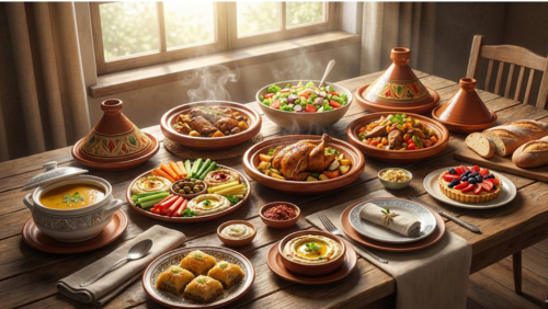 テーブルいっぱいに色とりどりの料理が並び、旅行先の豊かな食文化を感じられる食事風景