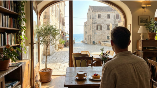 旅行先のカフェでコーヒーを飲みながらゆっくりくつろぐ風景