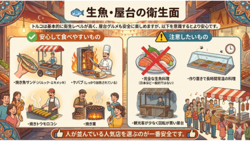 画像タイトル：生魚・屋台の衛生面

上部には「トルコは基本的に衛生レベルが高く、屋台グルメも安全に楽しめますが、以下を意識するとより安心です」という導入文があります。

左側セクション：安心して食べやすいもの（緑のチェックマーク）

焼き魚サンド（バルック・エキメッキ）：屋台で魚を焼く様子。

ケバブ：垂直の串で肉を焼き、削ぎ切りにするシェフ。

焼きトウモロコシ：網の上でトウモロコシを焼く様子。

焼き栗：鉄板で栗を炒り、客に提供する様子。

右側セクション：注意したいもの（黄色の警告マーク）

完全な生魚料理：刺身のような盛り付けに大きな赤いバツ印。

作り置きで長時間常温の料理：ショーケース内の惣菜に時計とハエのアイコン。

観光客が少なく回転が悪い屋台：店主が寂しく待っている古い屋台。

下部には、行列ができている賑やかな屋台のイラストと共に「人が並んでいる人気店を選ぶのが一番安全です」という強調されたメッセージが記載されています。