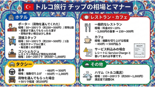 画像タイトル：トルコ旅行 チップの相場とマナー

1. ホテル（青い枠）

ポーター：荷物1個につき50～100リラ。部屋まで運んでもらった際に渡す。

清掃スタッフ：1泊につき50～100リラ。枕元やテーブルに置く。

コンシェルジュ：特別な対応時に100～200リラ。

2. レストラン・カフェ（赤い枠）

一般的なレストラン：料金の5～10％が目安。

カフェ：端数を切り上げる程度。

注意：レシートに「Service Charge」とあればチップは不要。レシートのイラストが添えられています。

3. タクシー（黄色い枠）

基本：端数切り上げ（例：480円なら500円支払う）。

荷物を運んでもらった場合：プラス50リラ程度を加算。

4. その他（緑の枠）

ハマム（トルコ風呂）：100～200リラ。サービスへの満足度に応じて調整。湯気の立つハマムのアイコンが描かれています。