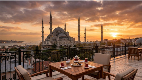 高級ホテルのテラスからブルーモスクを眺めることができるイスタンブールの絶景風景