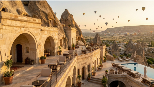 カッパドキアの岩山を掘って作られた洞窟ホテルの外観とテラスの風景