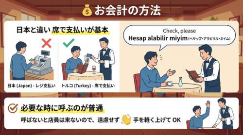 画像タイトル：お会計の方法

上部左側：日本とトルコの比較イラスト

日本（Japan）：レジで支払う様子に赤いバツ印。

トルコ（Turkey）：テーブルに座ったまま店員にカードを渡す様子に緑のチェックマーク。「席で支払いが基本」と説明されています。

上部右側：店員さんへの頼み方
テーブルで食事を終えた客が、店員に向かって吹き出しで「Check, please」「Hesap alabilir miyim（ヘサップ・アラビリル・ミイム）」と伝えているイラスト。

下部セクション：店員の呼び方
「必要な時に呼ぶのが普通」という見出しと共に、客が軽く手を挙げて店員を呼ぶイラストが添えられています。「呼ばないと店員は来ないので、遠慮せず手を軽く上げてOK」というアドバイスが記載されています。