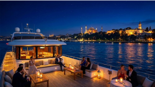 ライトアップされたモスクと夜景を眺めながら進むボスポラス海峡のナイトクルーズ